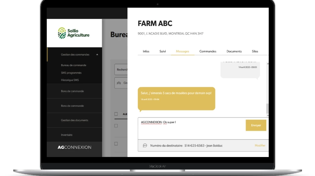 Saisie d'écran de l'option Gestion des commandes dans l'application AgConnexion.