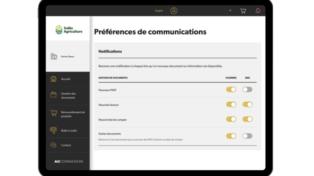 Saisie d'écran de l'option Préférences de communications dans l'application AgConnexion.