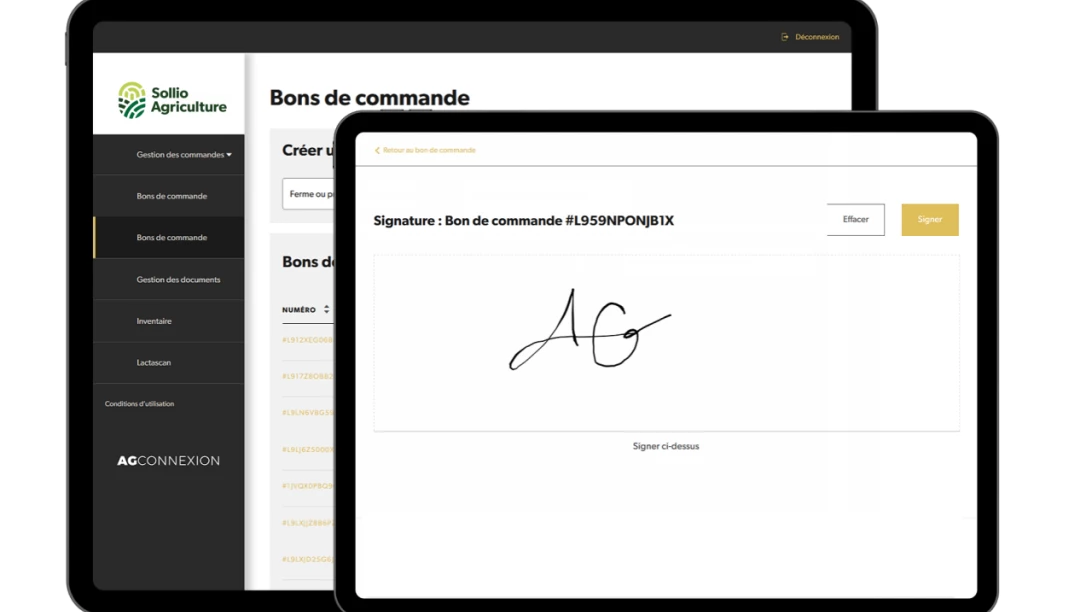 Saisie d'écran de l'outil Bons de commande dans l'application AgConnexion.