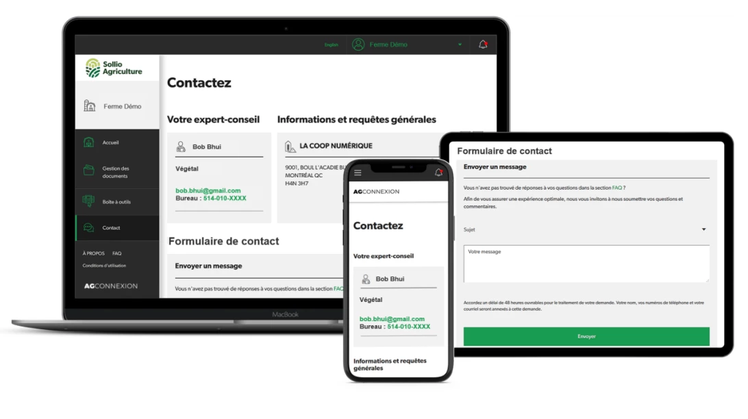 Saisie d'écran de l'outil Contact dans l'application AgConnexion.