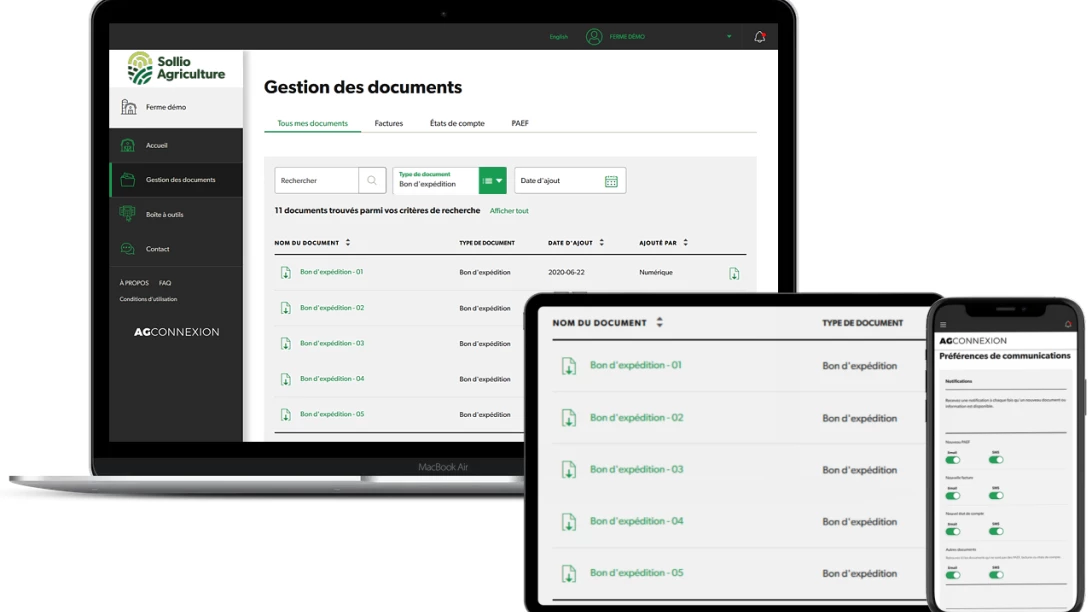 Saisie d'écran de l'outil Gestion des documents dans l'appplication AgConnexion.
