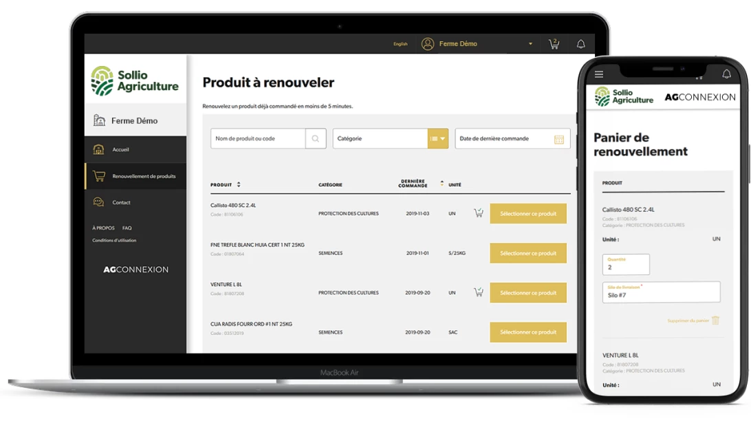 Saisie d'écran de l'outil Produit à renouveler dans l'application AgConnexion.