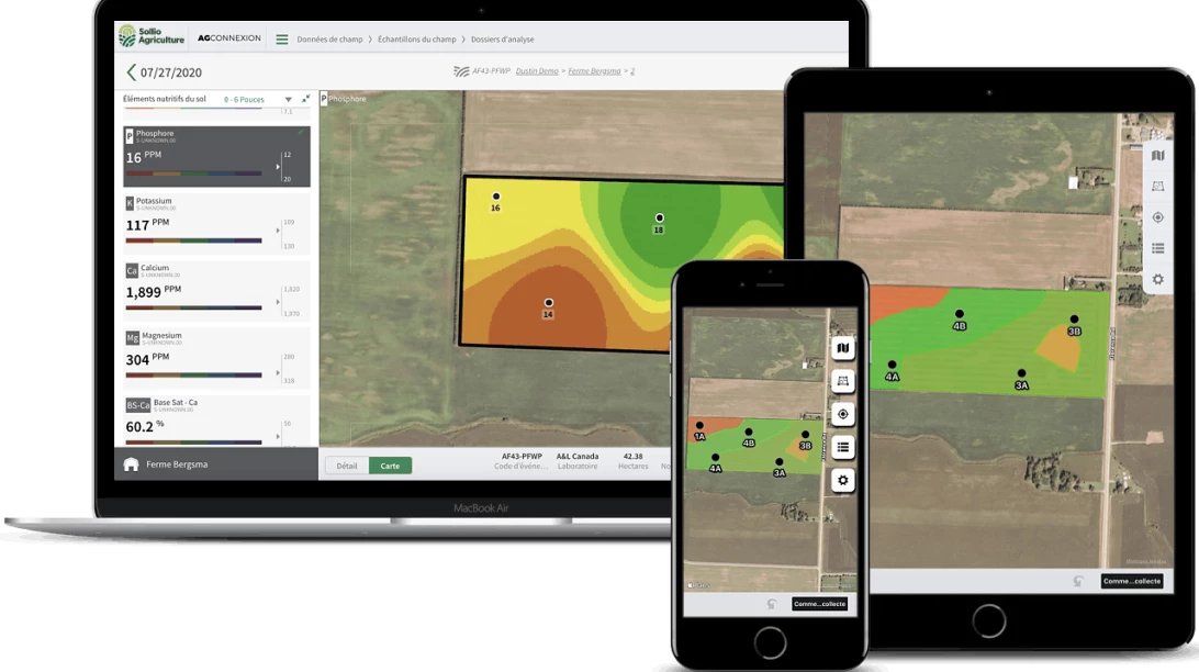 Saisie d'écran de l'option Analyses de sol par zone du module Ferme intelligente dans l'application AgConnexion.