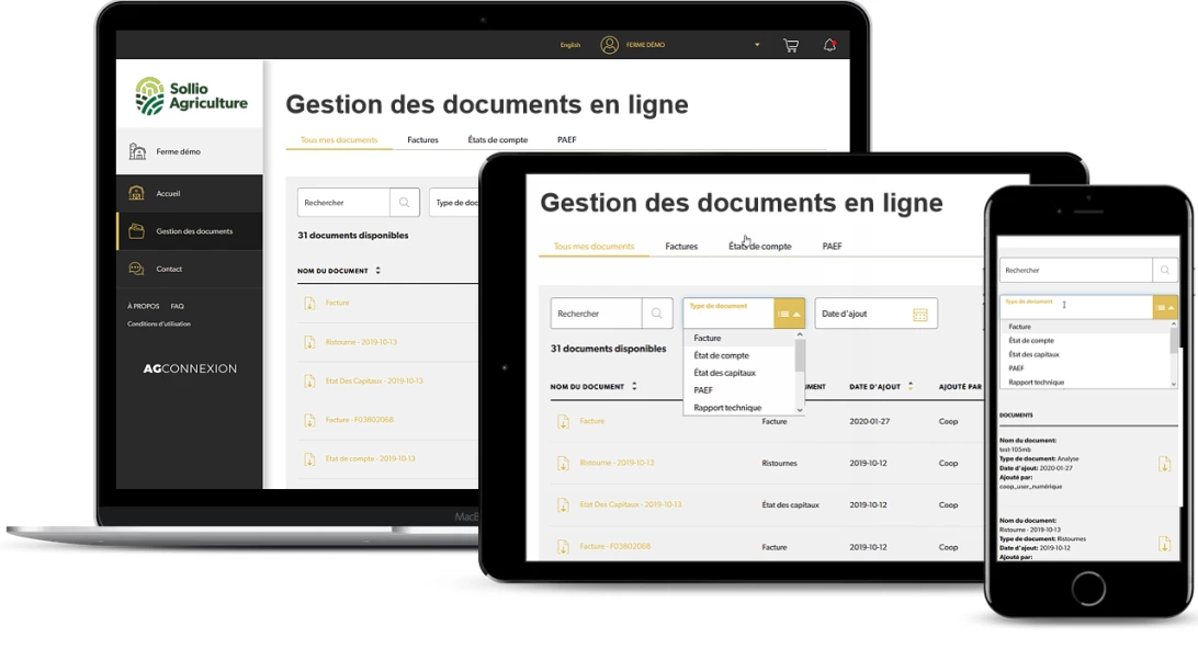 Saisie d'écran de l'outil Gestion des documents en ligne dans l'application AgConnexion