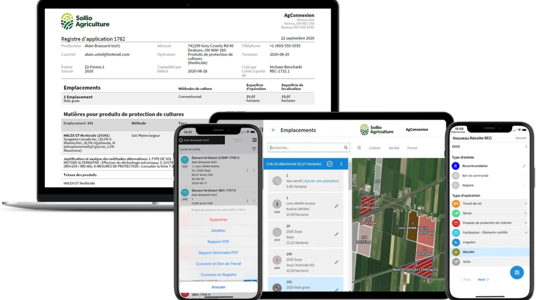 Saisie d'écran de registre d'applications produit via l'application AgConnexion.