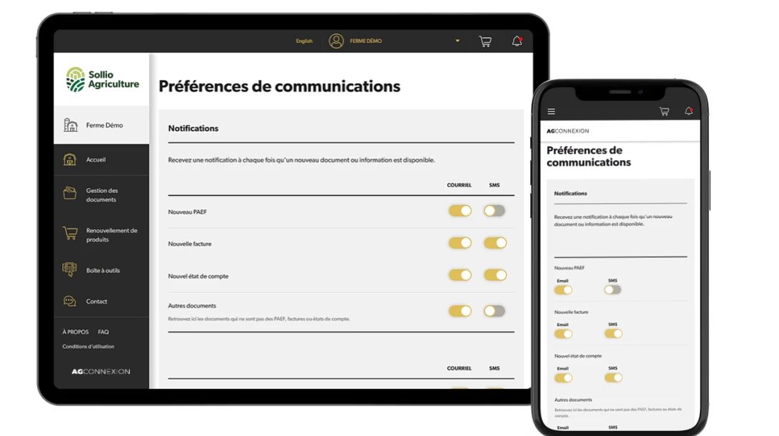 Saisie d'écran de l'option Préférences de communications dans l'application AgConnexion.
