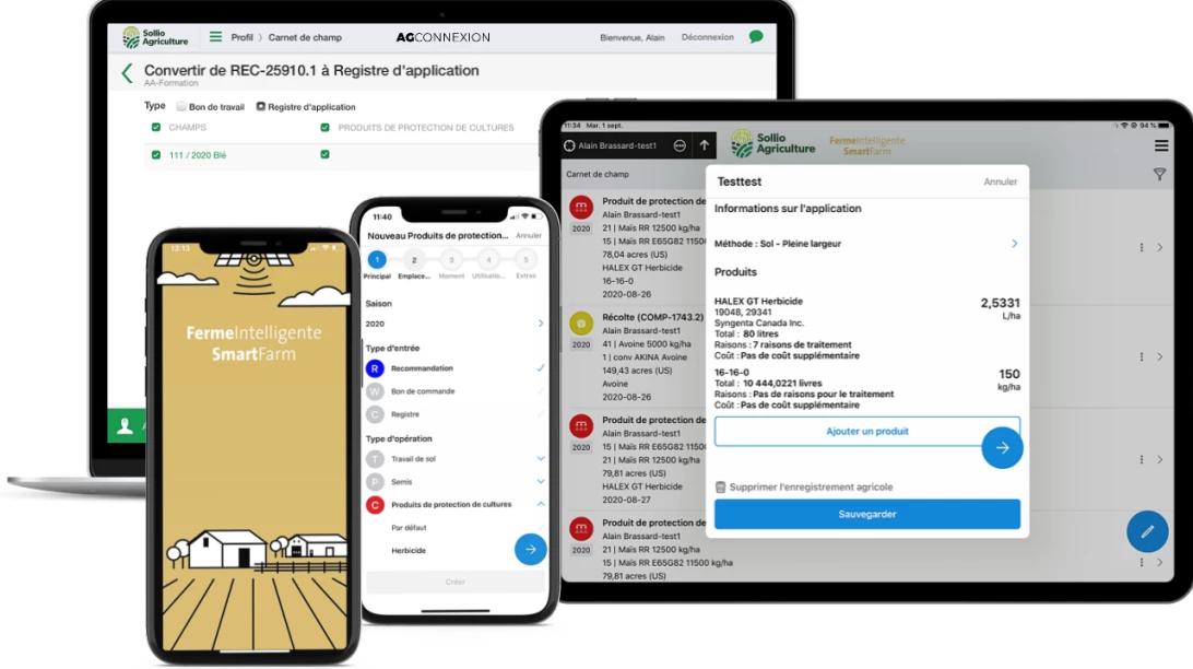 Saisie d'écran de l'outil Carnet de champs mobile dans l'application AgConnexion.