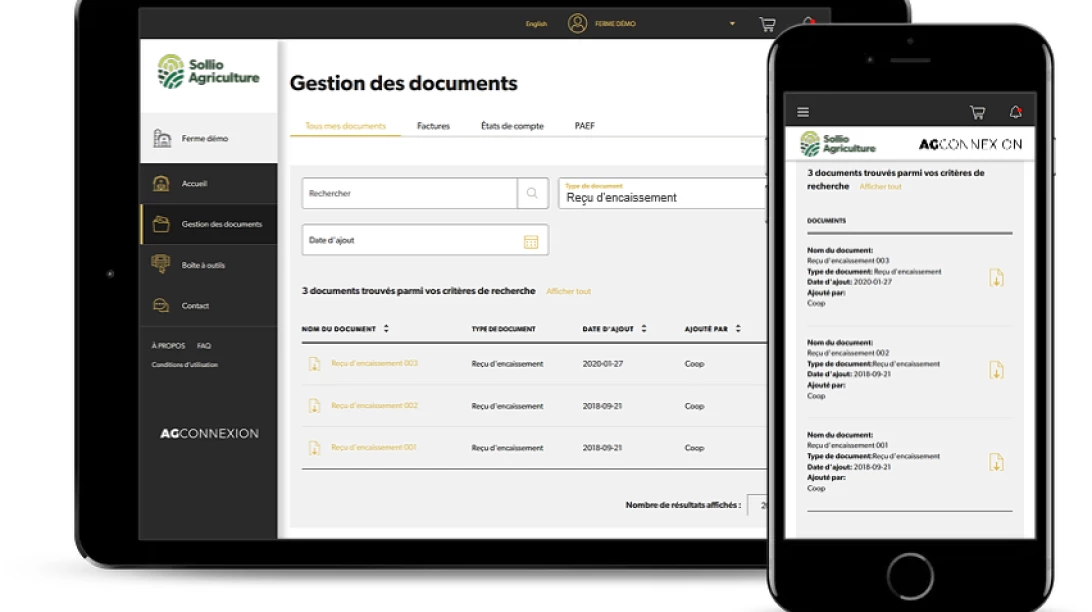 Saisie d'écran de l'outil Gestion des documents dans l'application AgConnexion.