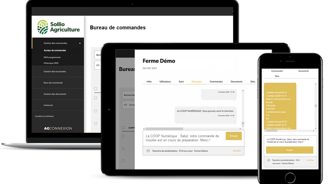 Saisie d'écran de l'outil Bureau de commandes dans l'application AgConnexion.