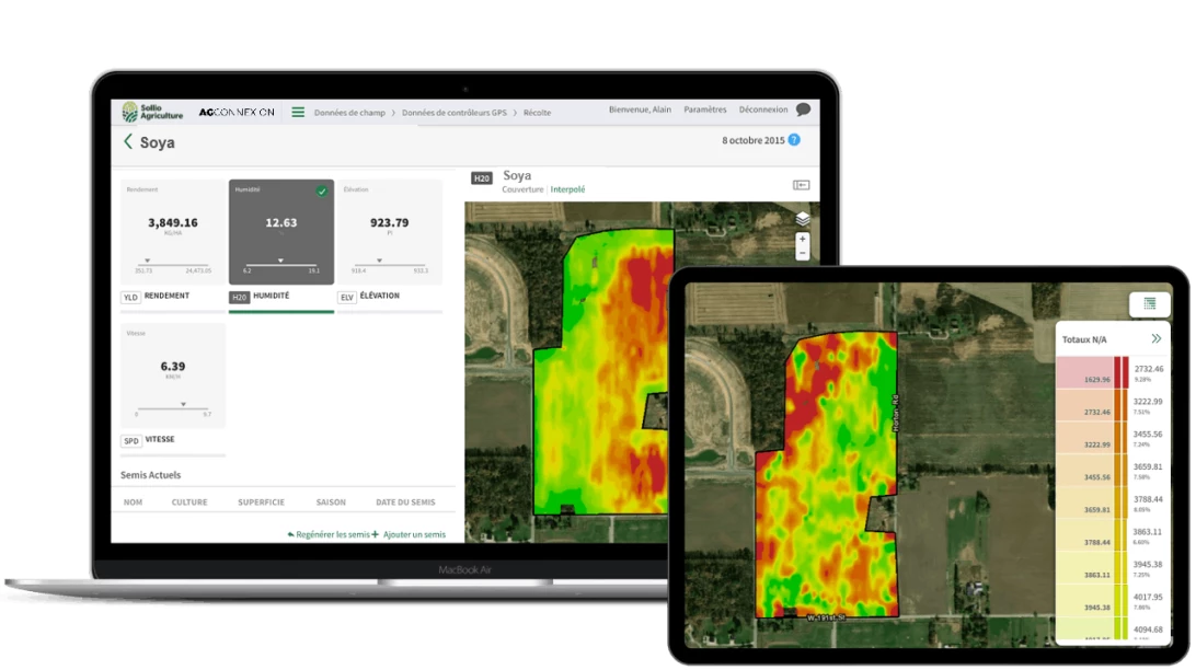 Saisie d'écran du transfert de données de capteur de rendement GPS vers le module Ferme intelligente dans l'application AgConnexion.