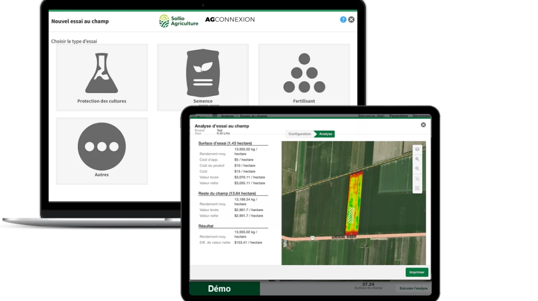 Saisie d'écran de l'outil Analyse d'essai au champ dans l'application AgConnexion.