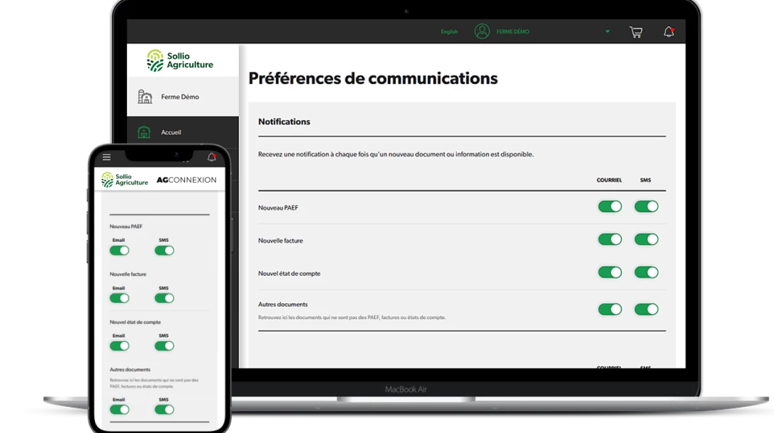 Saisie d'écran de l'outil Préférences de communications dans l'application AgConnexion.