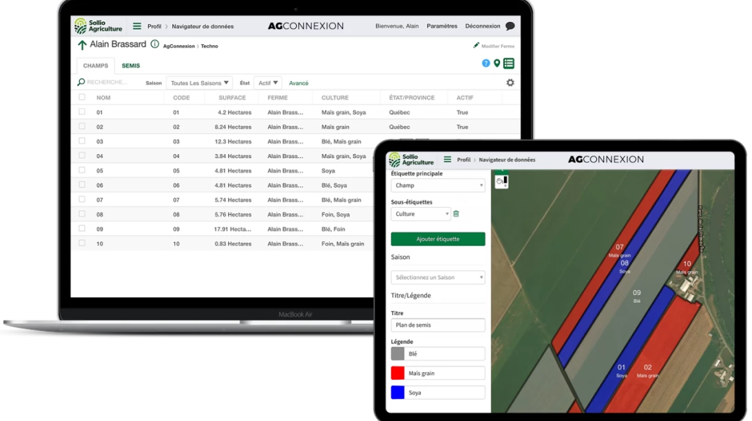 Saisie d'écran de l'outil navigateur de données dans l'application AgConnexion.