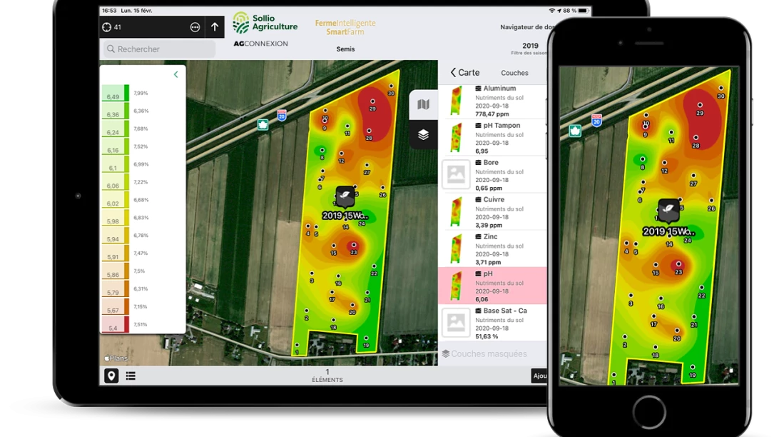 Saisie d'écran de cartes d'analyse de sol dans l'application AgConnexion.