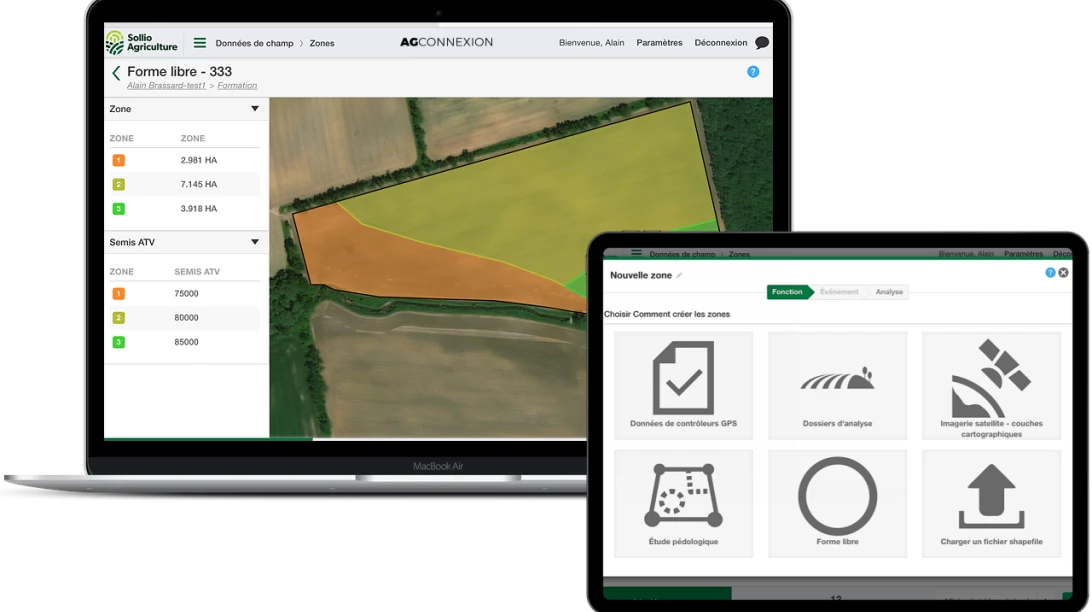 Saisie d'écran du module Zones dans l'application AgConnexion.