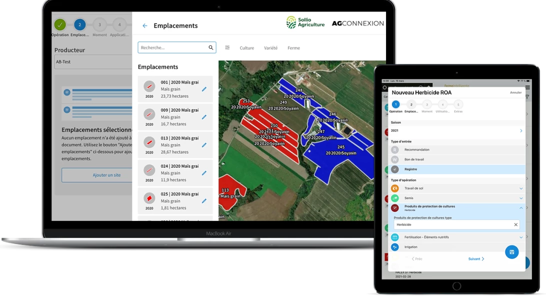 Saisie d'écran de l'outil Carnet de champ dans l'application AgConnexion.