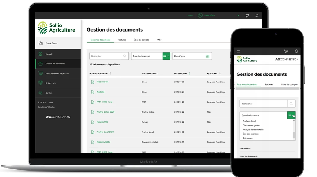 Saisie d'écran de l'outil Gestion des documents dans l'application AgConnexion.