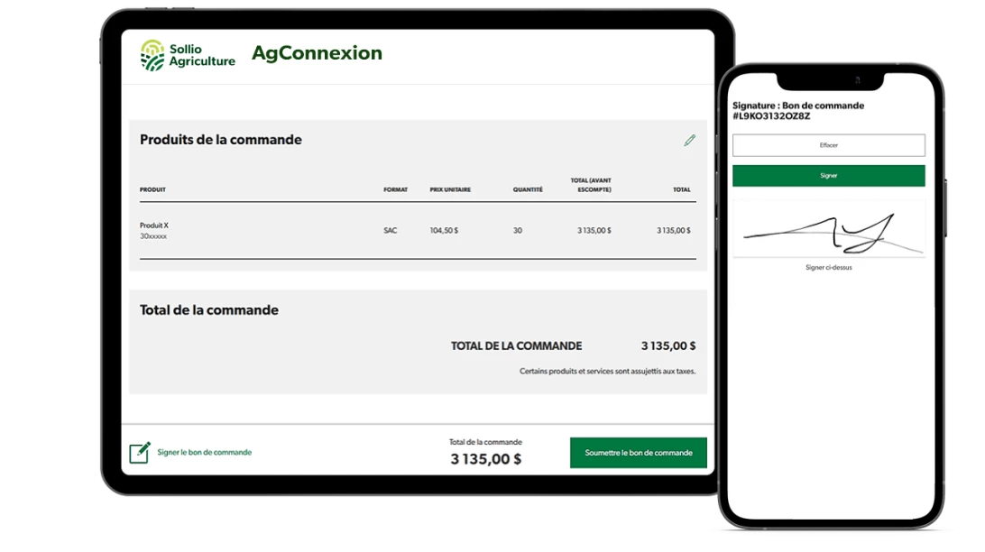 Saisie d'écran de l'AgConnexion, Bon de commande.