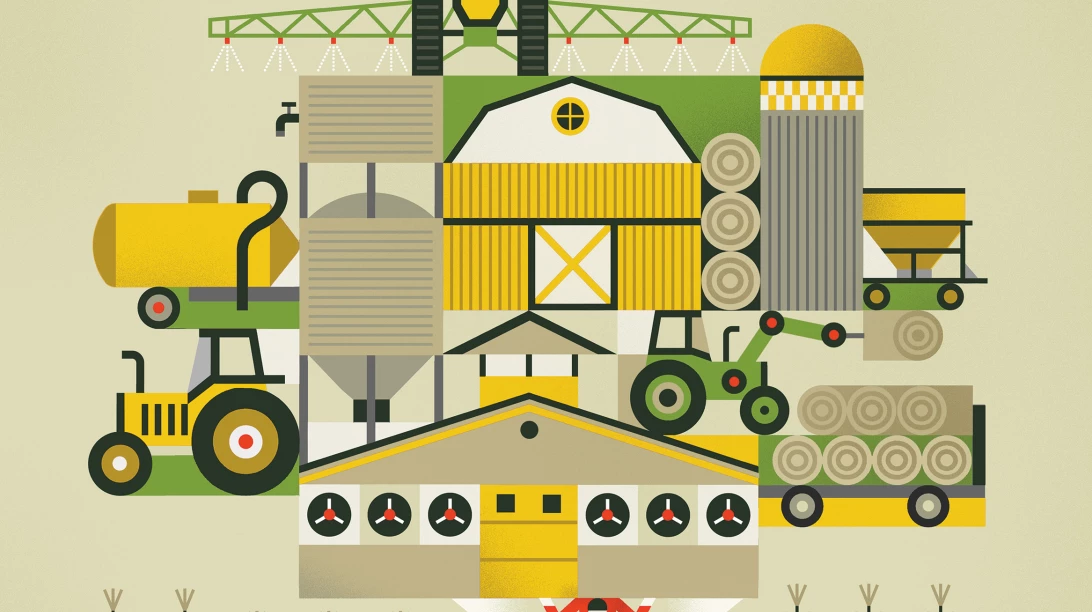 Illustration de tracteurs et de bâtiments de ferme.