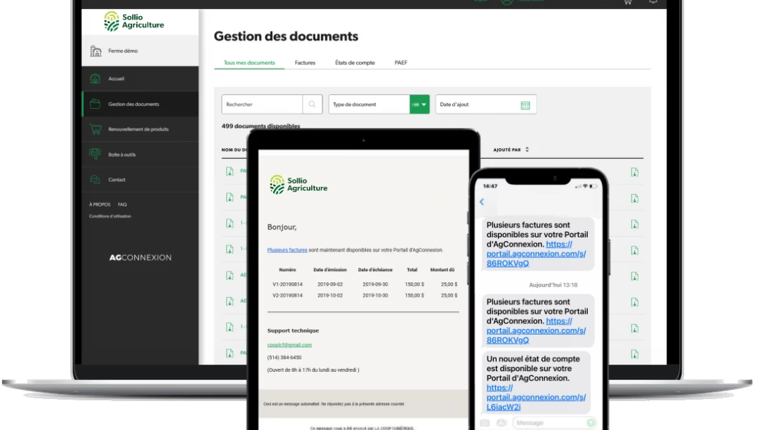 Saisie d'écran de l'AgConnexion, module Gestion des documents.