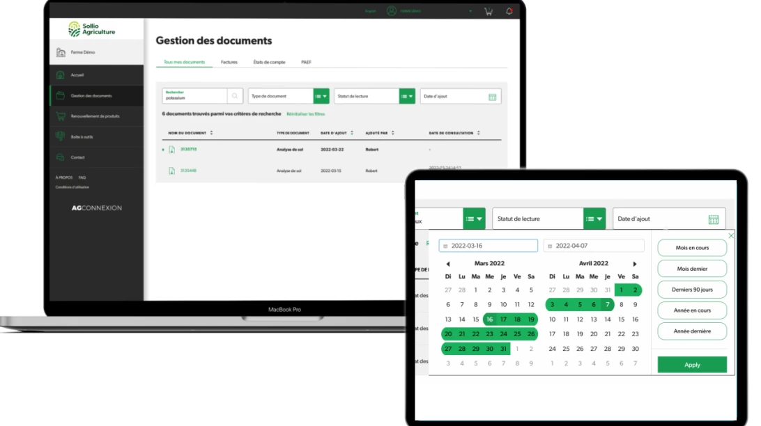 Saisie d'écran d'AgConnexion, module Gestion des documents.