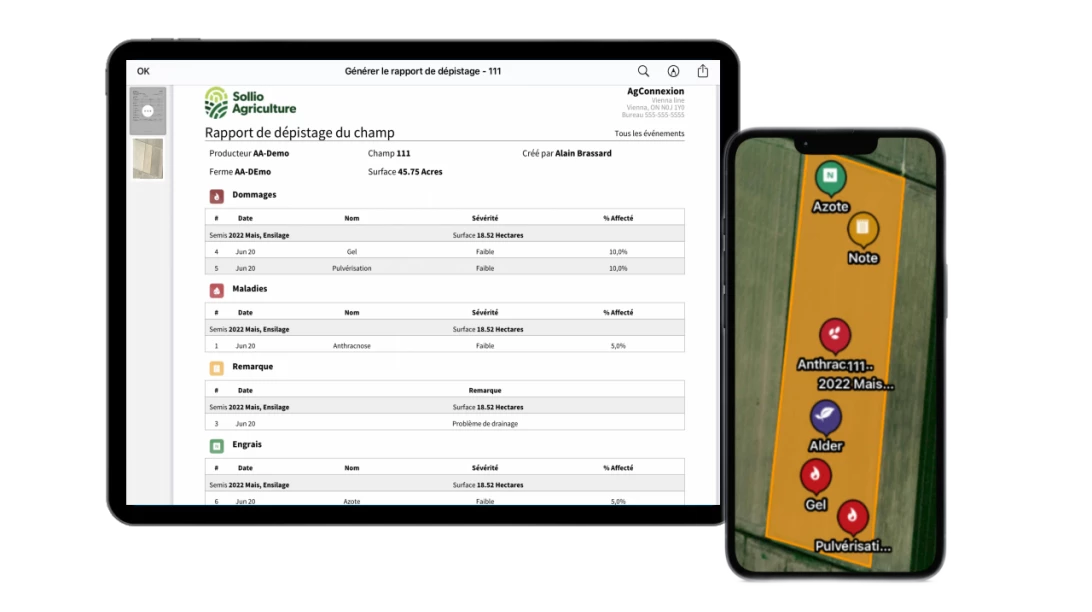 Capture d'écran d'AgConnexion, rapport de dépistage du champ.