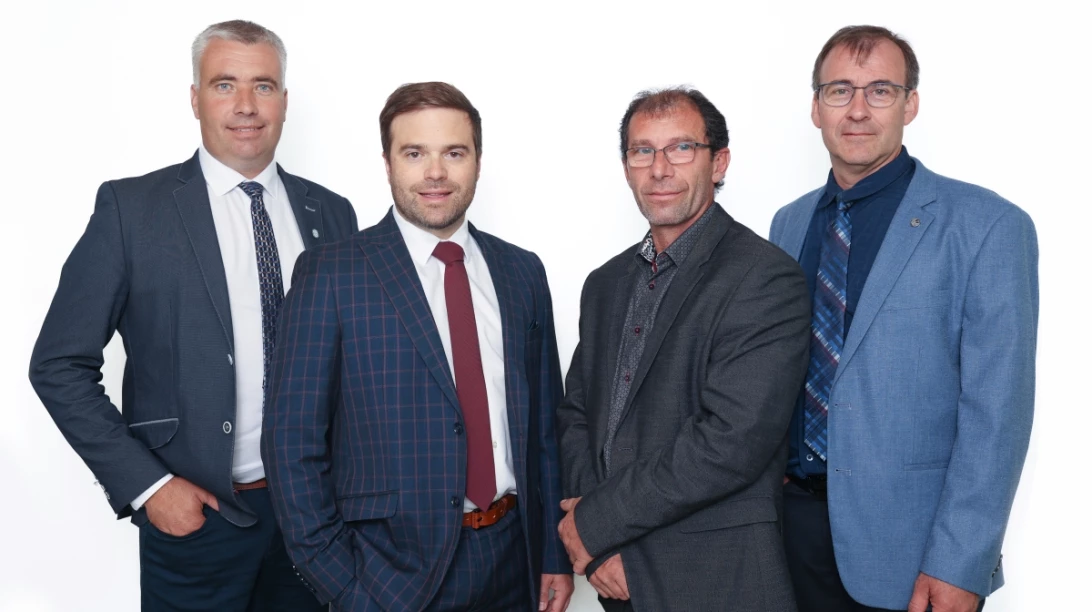 Jean-Nil Fournier, président du partenariat agricole Sollio & Unoria Agriculture coopérative, Olivier Pastor, chef de la direction d’Unoria Coopérative, Marco Dumais, directeur général de Sollio & Unoria Agriculture coopérative et Vallier Chouinard, président d’Unoria Coopérative.