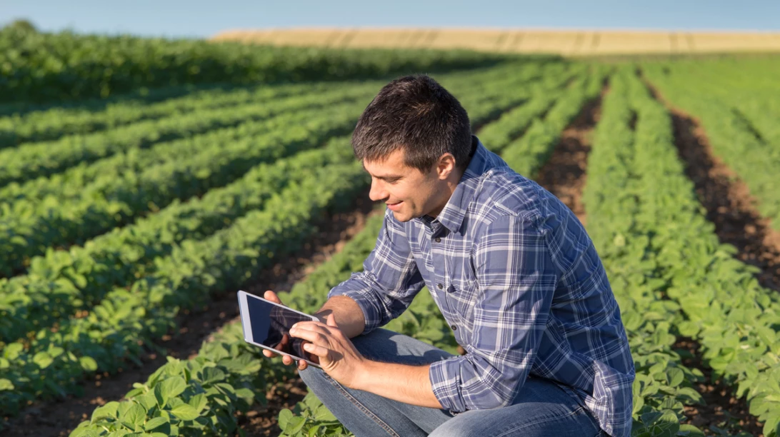 Homme souriant avec une tablette dans un champ
