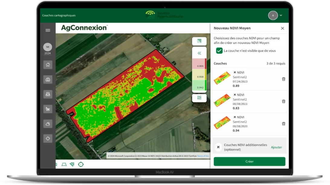 Capture d'écran des images satellites fournis dans le module Ferme intelligente de l'application AgConnexion.