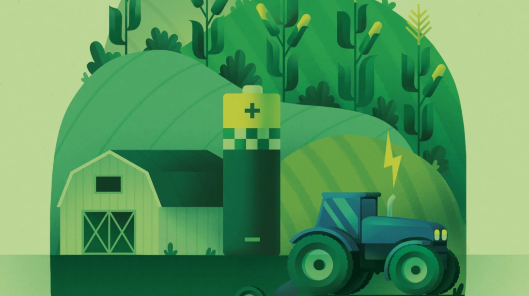Illustration d'une ferme, pile et tracteur