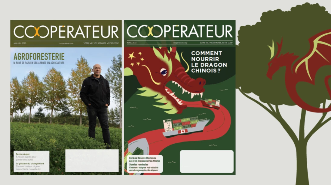 Les deux articles du Coopérateur finalistes des Prix Moïse-Cossette 2023 sont « L'agroforesterie : il faut qu'on se parle des arbres en agriculture » et «  Comment nourrir le dragon chinois ».