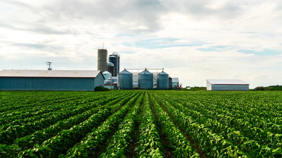 Paysage agricole avec une ferme et des silos