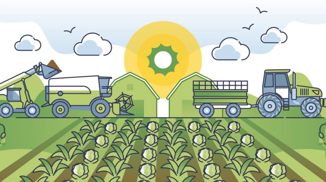 Illustration d'une ferme, un champ et de la machinerie agricole