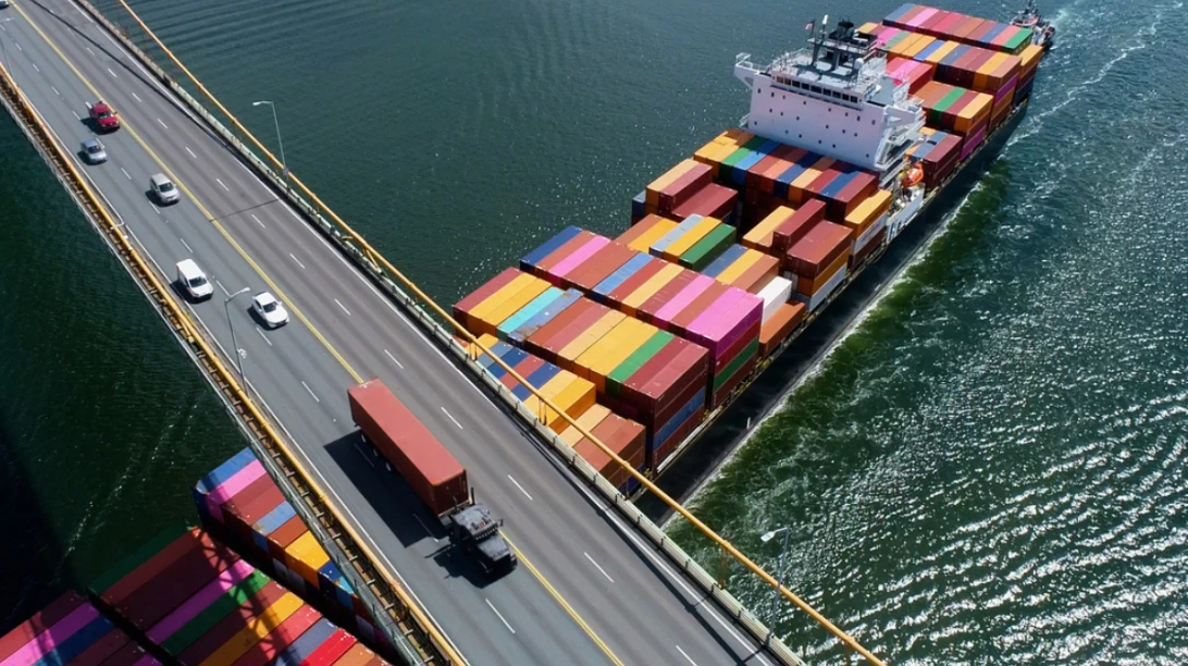 Cargo de marchandise passant sous un pont