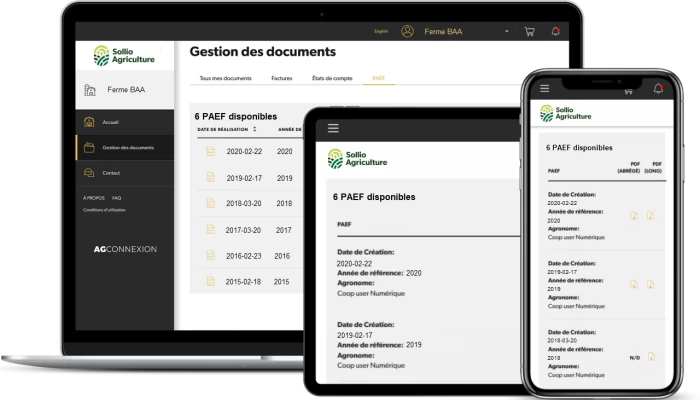 Saisie d'écran de l'outil Gestion des documents dans l'application AgConnexion.