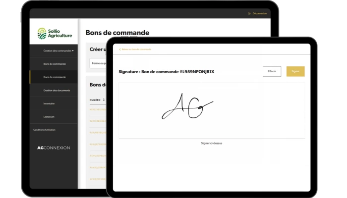 Saisie d'écran de l'outil Bons de commande dans l'application AgConnexion.