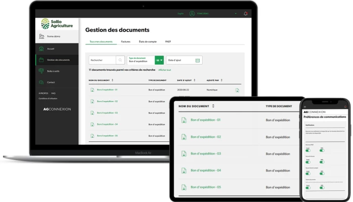 Saisie d'écran de l'outil Gestion des documents dans l'appplication AgConnexion.