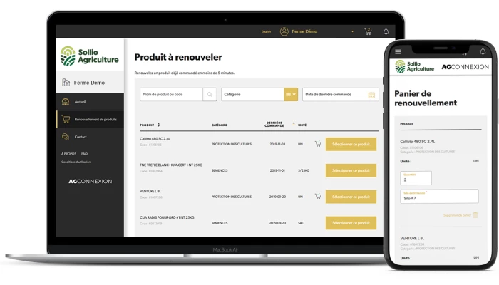 Saisie d'écran de l'outil Produit à renouveler dans l'application AgConnexion.