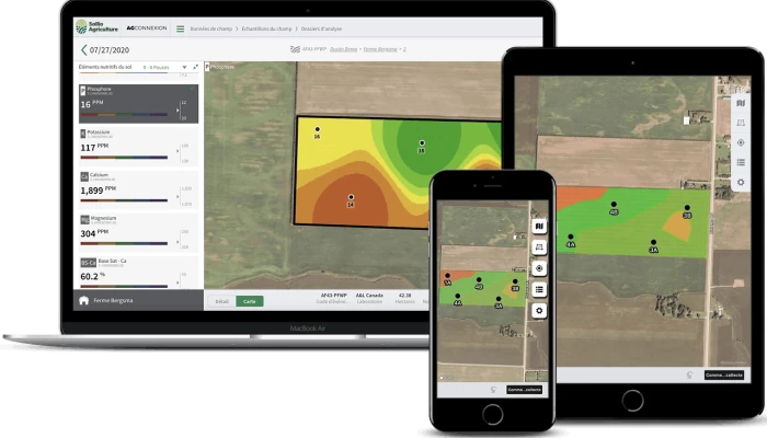 Saisie d'écran de l'option Analyses de sol par zone du module Ferme intelligente dans l'application AgConnexion.