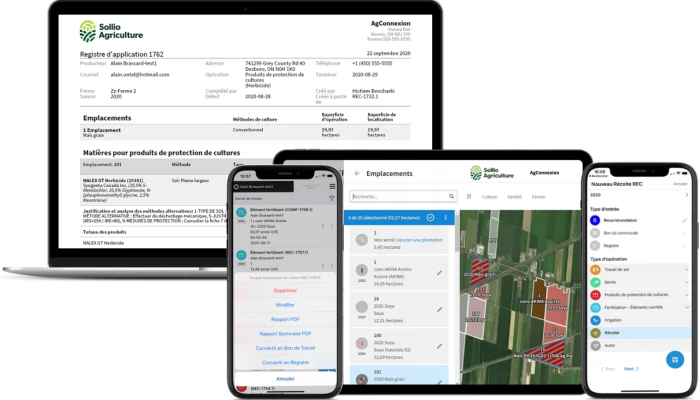 Saisie d'écran de registre d'applications produit via l'application AgConnexion.