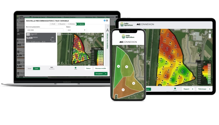 Saisie d'écran du module Ferme intelligente dans l'application AgConnexion.