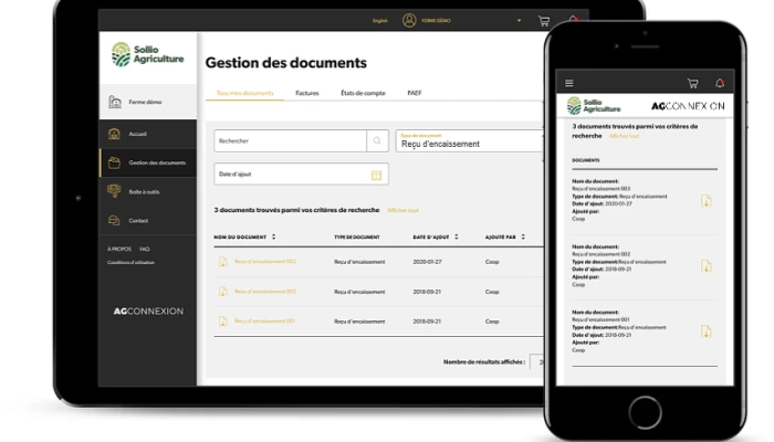 Saisie d'écran de l'outil Gestion des documents dans l'application AgConnexion.