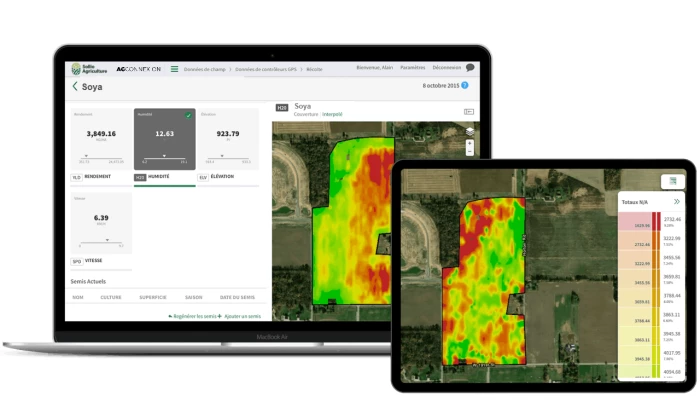 Saisie d'écran du transfert de données de capteur de rendement GPS vers le module Ferme intelligente dans l'application AgConnexion.