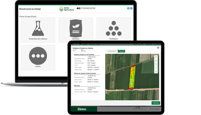 Saisie d'écran de l'outil Analyse d'essai au champ dans l'application AgConnexion.
