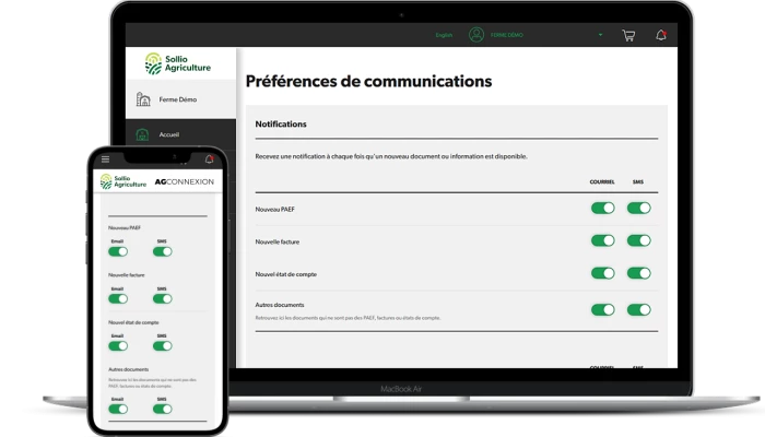 Saisie d'écran de l'outil Préférences de communications dans l'application AgConnexion.
