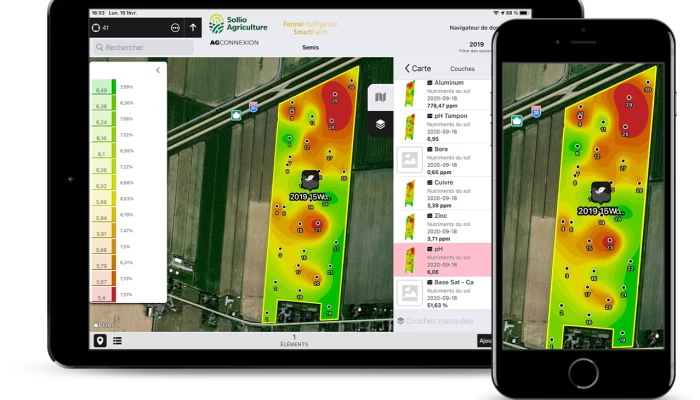 Saisie d'écran de cartes d'analyse de sol dans l'application AgConnexion.