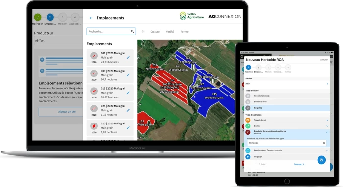Saisie d'écran de l'outil Carnet de champ dans l'application AgConnexion.