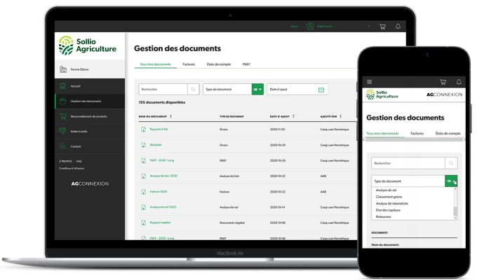 Saisie d'écran de l'outil Gestion des documents dans l'application AgConnexion.