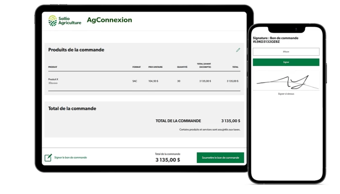 Saisie d'écran de l'AgConnexion, Bon de commande.