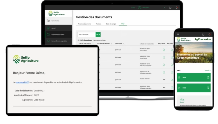 Saisie d'écran de l'AgConnexion, onglet Gestion des documents.